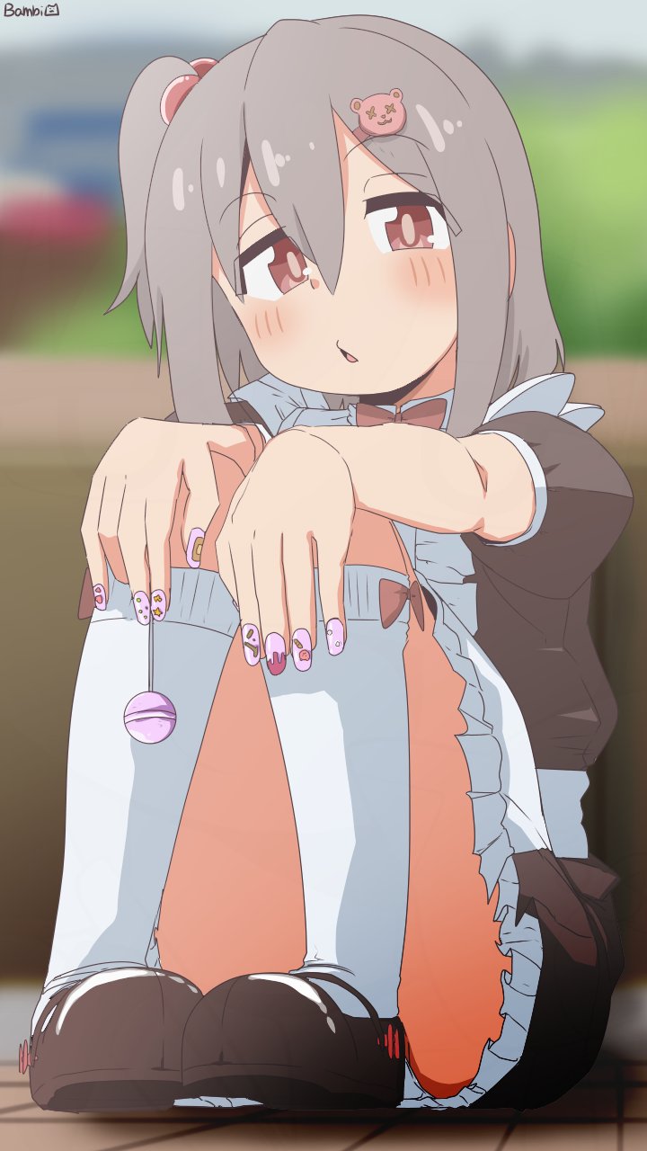 1boy artist_name bambi2000line black_shoes blurry blurry_background blush bow bowtie brown_eyes candy commentary convenient_leg crossdressing crossdressing_(mtf) food frilled_skirt frills full_body grey_hair hair_between_eyes hair_bobbles hair_ornament hairclip hands_on_own_knees highres holding holding_candy holding_food holding_lollipop kneehighs lollipop looking_at_viewer maid male_focus male_maid medium_hair nail_polish on_ground onii-chan_wa_oshimai! pink_nails puffy_short_sleeves puffy_sleeves senkawa_minato shoes short_sleeves side_ponytail sitting skirt socks solo trap white_socks