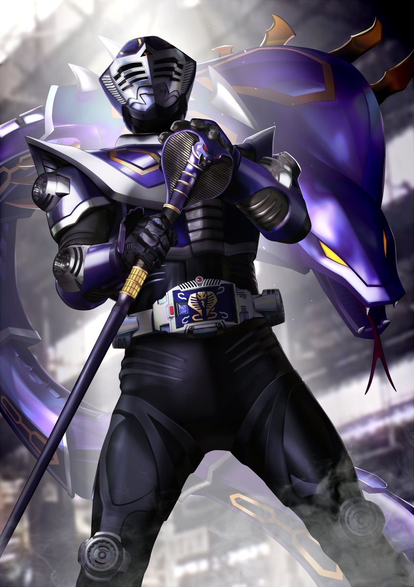 1boy armor belt bodysuit cane cobra_(animal) contract_monster heisei highres indoors kamen_rider kamen_rider_ouja kamen_rider_ryuki_(series) male_focus masukudo_(hamamoto_hikaru) ongekikanabou_retto purple_armor red_eyes snake tokusatsu tongue v_buckle venosnaker visor