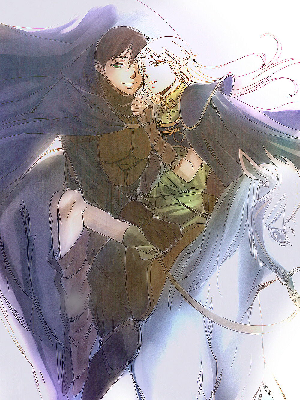 1boy 1girl arm_warmers armor boots brown_gloves cape couple deedlit elf gloves hana_(interstice) hetero highres horse horseback_riding multiple_riders parn_(lodoss) pointy_ears record_of_lodoss_war riding smile