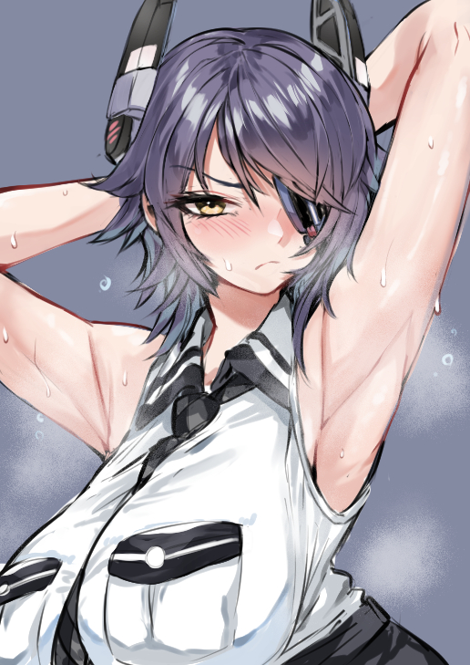 1girl armpits arms_behind_head arms_up blush breast_pocket breasts checkered_clothes checkered_necktie closed_mouth datto_3 eyepatch grey_background headgear huge_breasts kantai_collection looking_at_viewer necktie pocket presenting_armpit purple_hair revision shiny_skin shirt short_hair simple_background sleeveless sleeveless_shirt solo sweat tenryuu_(kancolle) tenryuu_kai_ni_(kancolle) upper_body white_shirt yellow_eyes