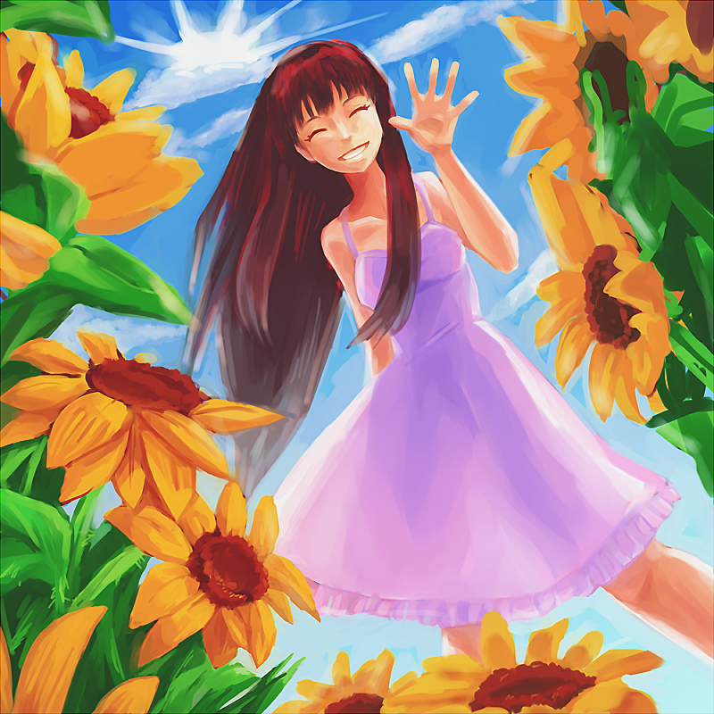 1girl ^_^ blue_sky brown_hair closed_eyes cloud day dress dutch_angle female_focus field flower flower_field grin kimi_ni_todoke kuronuma_sawako long_hair pltrgst sky smile solo sundress sunflower sunflower_field waving
