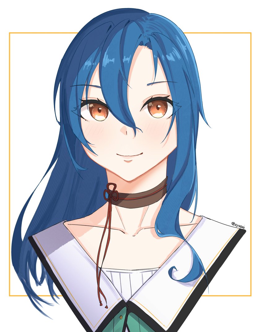 1girl blue_hair brown_eyes choker commentary double-parted_bangs eiyuu_densetsu english_commentary hair_between_eyes kuro_no_kiseki_(series) kuro_no_kiseki_i long_hair looking_at_viewer nina_fenly nyuusai portrait simple_background smile solo upper_body white_background