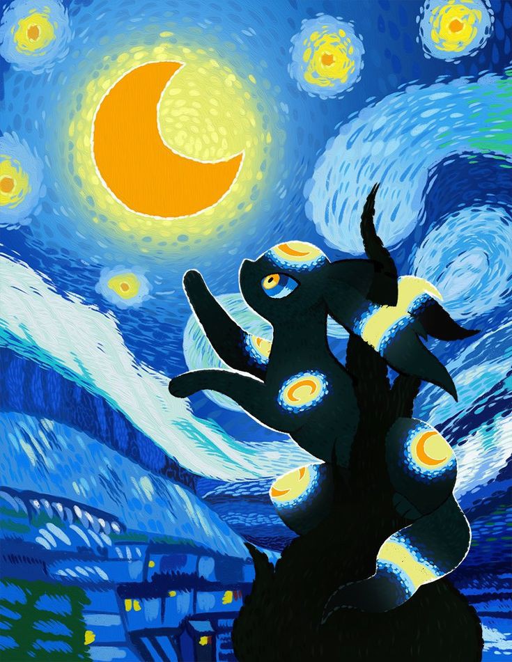 bad_id bad_twitter_id blue_eyes crescent_moon gen_2_pokemon looking_up moon multicolored_eyes night night_sky nintendo pokemon pokemon_(creature) pokepuff sitting sky solo starry_night_(van_gogh) two-tone_eyes umbreon yellow_eyes