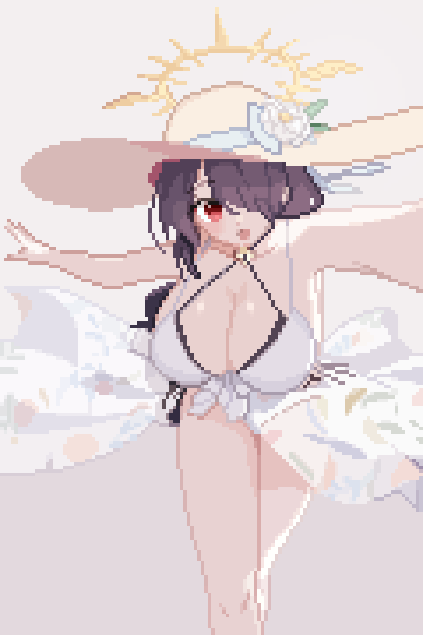 1girl arm_out_of_frame bare_shoulders black_hair blue_archive breasts cleavage flower_hat halo hat hinata_(blue_archive) large_breasts one-piece_swimsuit open_mouth pixel_art red_eyes solo sun_hat swimsuit tinia_etru white_one-piece_swimsuit yellow_halo