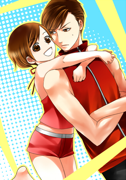 1boy 1girl :d arms_around_neck barefoot brown_eyes brown_hair crop_top crossed_arms frown genderswap genderswap_(ftm) grin hair_pulled_back halter_shirt halterneck high_collar jumping meiko_(vocaloid) meito_(vocaloid) midriff open_mouth parted_bangs shirt short_hair shorts sleeveless sleeveless_shirt smile toyu v-shaped_eyebrows vocaloid zipper
