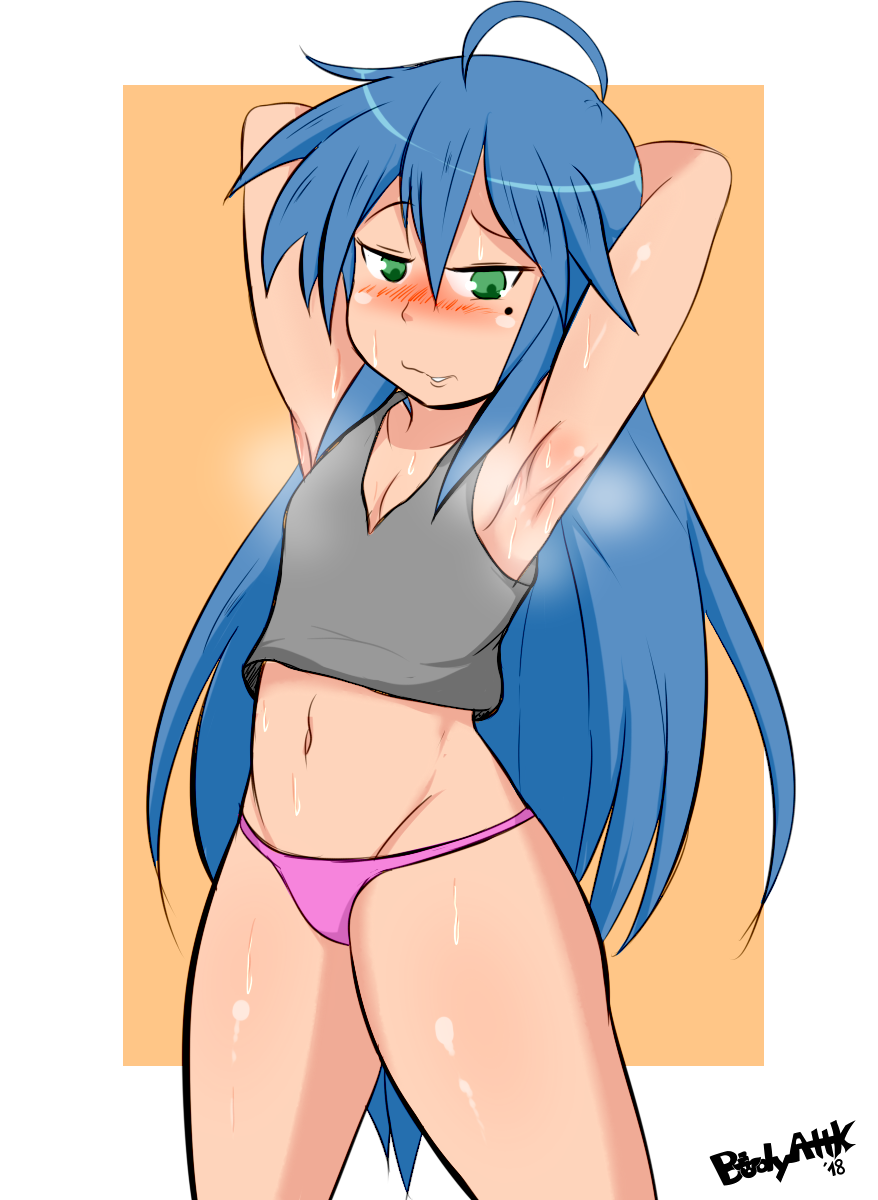 1girl ahoge armpits bare_legs blue_hair blush bodyattk border breasts cleavage crop_top green_eyes grey_shirt hair_between_eyes highres hot izumi_konata long_hair lucky_star mole mole_under_eye navel panties shiny_skin shirt signature simple_background small_breasts steam stomach sweat thighs underwear very_long_hair wavy_mouth white_border