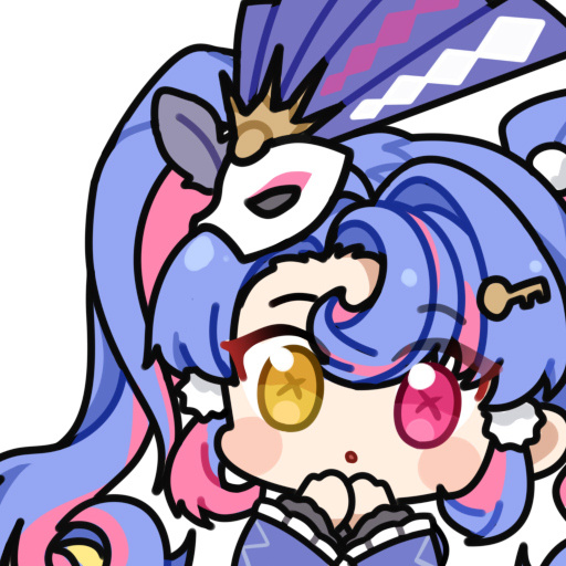 1girl blue_hair chibi chibi_only commentary euyueuy eye_mask hands_up heterochromia key_hair_ornament long_hair looking_at_viewer mask mask_on_head multicolored_hair pink_eyes pink_hair roccia_(wuthering_waves) simple_background solo symbol-only_commentary symbol-shaped_pupils twintails two-tone_hair white_background wuthering_waves x-shaped_pupils yellow_eyes