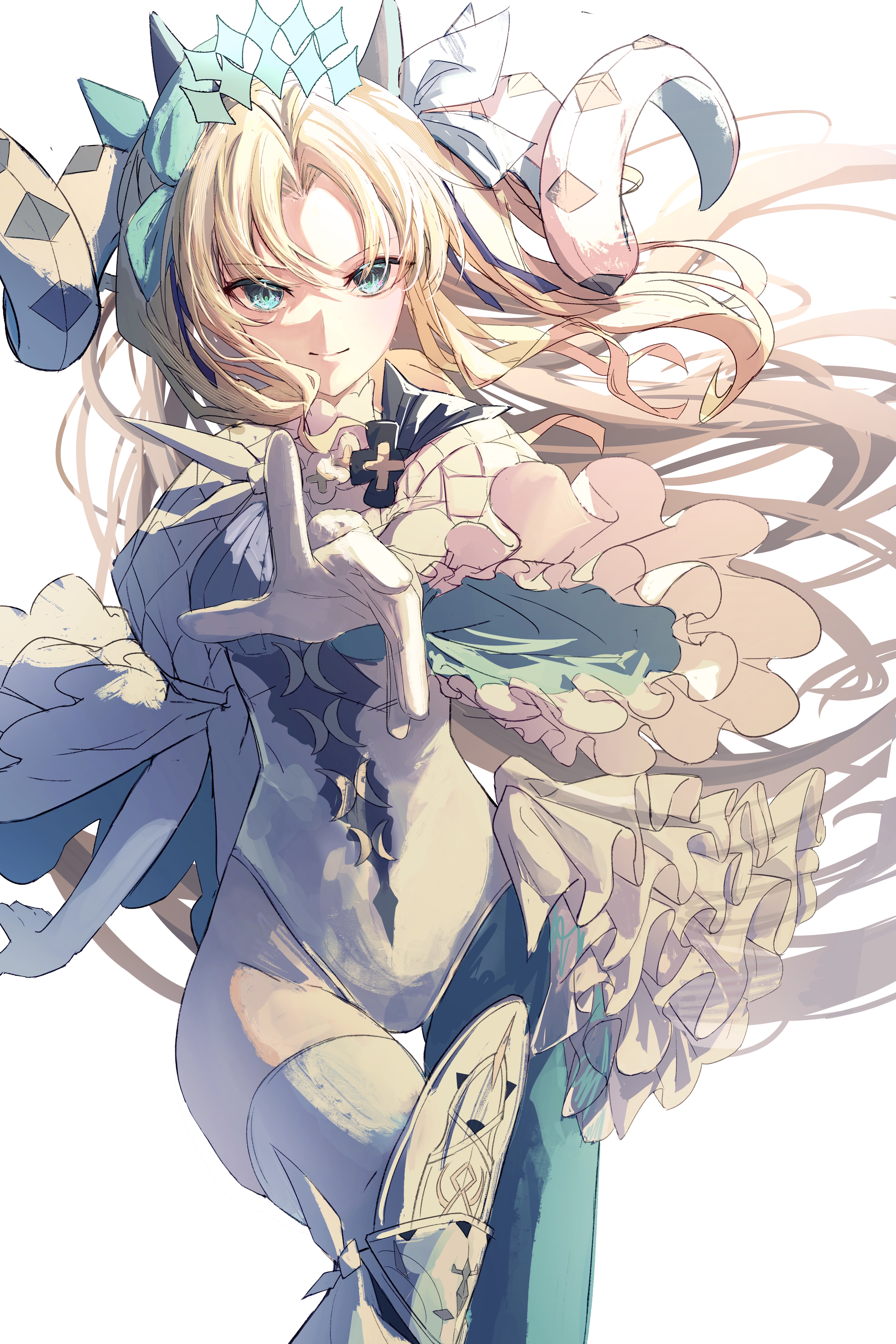 1girl absurdres blonde_hair breasts curled_horns ereshkigal_(fate) fate/grand_order fate_(series) frills gloves green_eyes green_pantyhose hair_ribbon highres horns leotard long_hair long_sleeves looking_at_viewer medium_breasts outstretched_arm pantyhose parted_bangs ribbon single_leg_pantyhose single_thighhigh solo space_ereshkigal_(fate) space_ereshkigal_(third_ascension)_(fate) thighhighs two_side_up white_gloves white_leotard white_thighhighs yagi_(yagi5art)