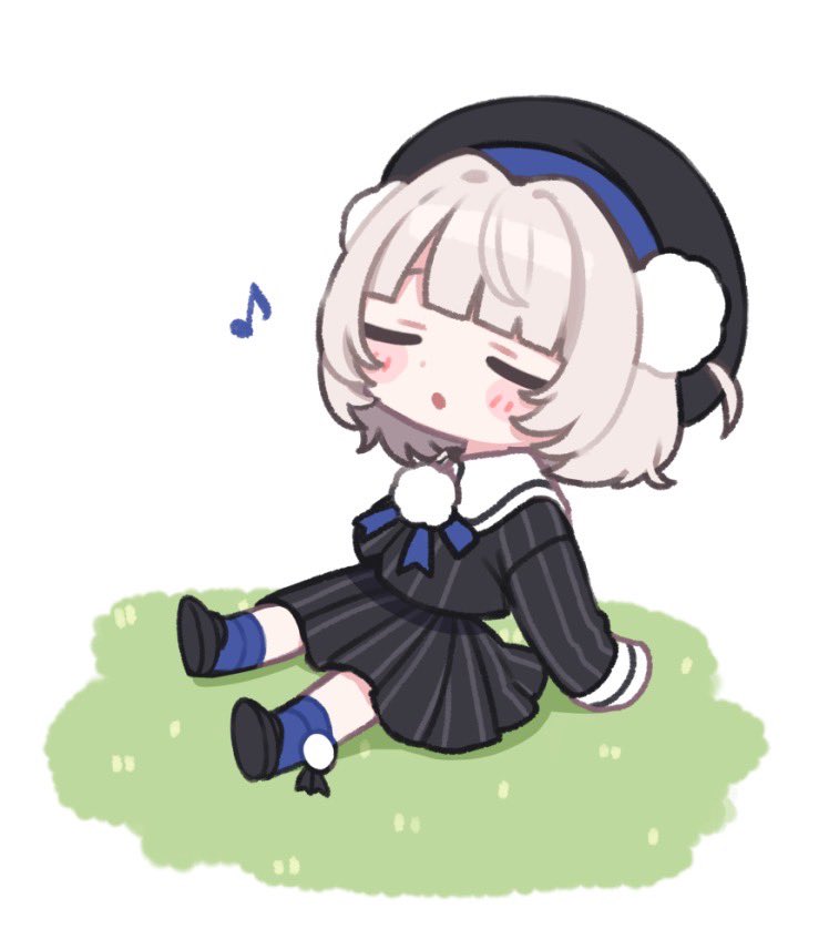 1girl arm_support beret black_footwear black_hat black_jacket black_skirt blue_ribbon blue_socks blunt_ends blush_stickers chibi closed_eyes commentary_request full_body grass grey_hair hair_intakes hair_ornament hat jacket leaning_back long_sleeves music musical_note neck_ribbon on_grass open_mouth pinstripe_jacket pinstripe_pattern pinstripe_skirt pleated_skirt pom_pom_(clothes) pom_pom_hair_ornament ribbon sailor_collar shigure_ui simple_background singing sitting skirt skirt_set sleeve_cuffs sleeves_past_fingers sleeves_past_wrists socks solo two_side_up ui_(voisona) voisona white_background white_sailor_collar