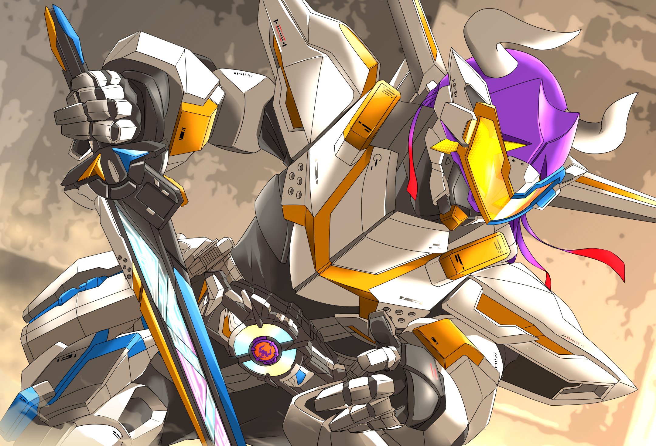 1boy antennae armor black_bodysuit bodysuit buffalo clenched_hands command_buckle commentary desire_driver rider_belt earpiece flying goggles gradient_hair highres holding holding_sword holding_weapon horns kamen_rider kamen_rider_buffa kamen_rider_buffa_command_form:jet_mode kamen_rider_geats_(series) leg_armor long_hair male_focus microphone miyabi_(037) multicolored_hair orange-tinted_eyewear orange_eyes power_armor purple_hair red_hair rider_belt sword tinted_eyewear tokusatsu upper_body visor_(armor) water_buffalo weapon wings