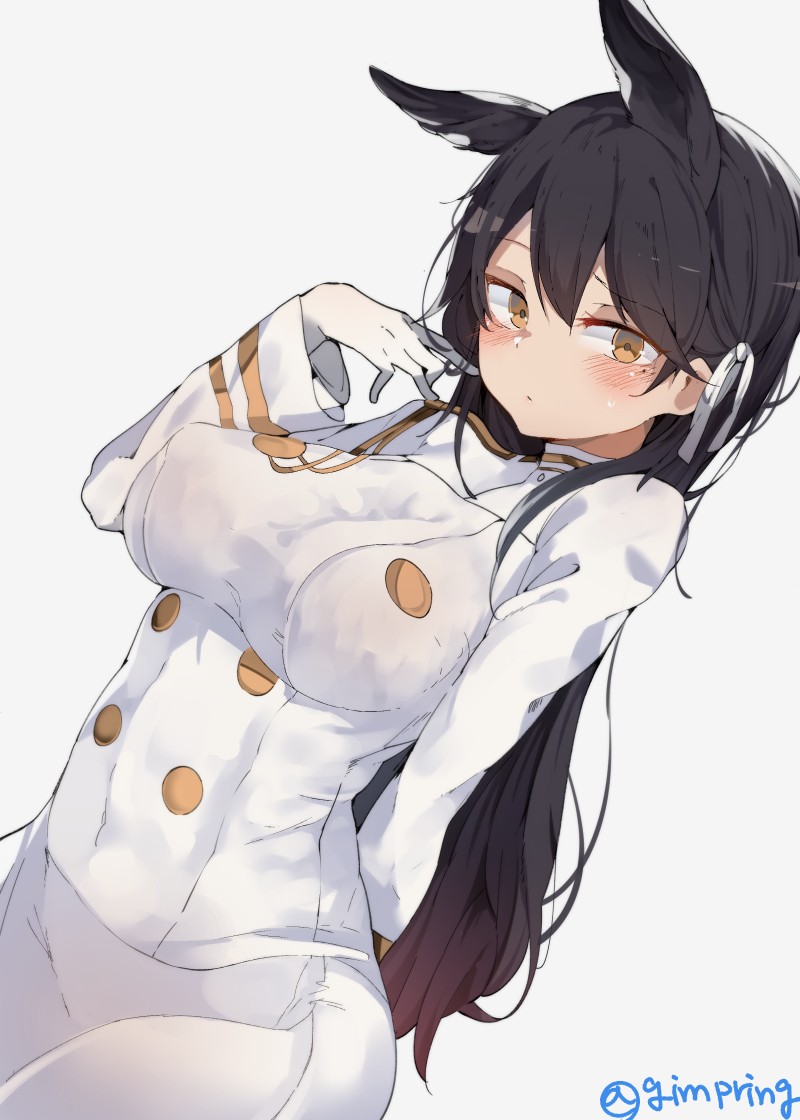 1girl animal_ears arm_behind_back atago_(azur_lane) azur_lane bad_id bad_pixiv_id black_hair blush breasts brown_eyes buttons closed_mouth covered_erect_nipples covered_navel cowboy_shot double-breasted dutch_angle female_focus gloves grey_background k_pring large_breasts long_hair long_sleeves looking_at_viewer military military_uniform mole mole_under_eye playing_with_own_hair simple_background solo standing twitter_username very_long_hair white_gloves
