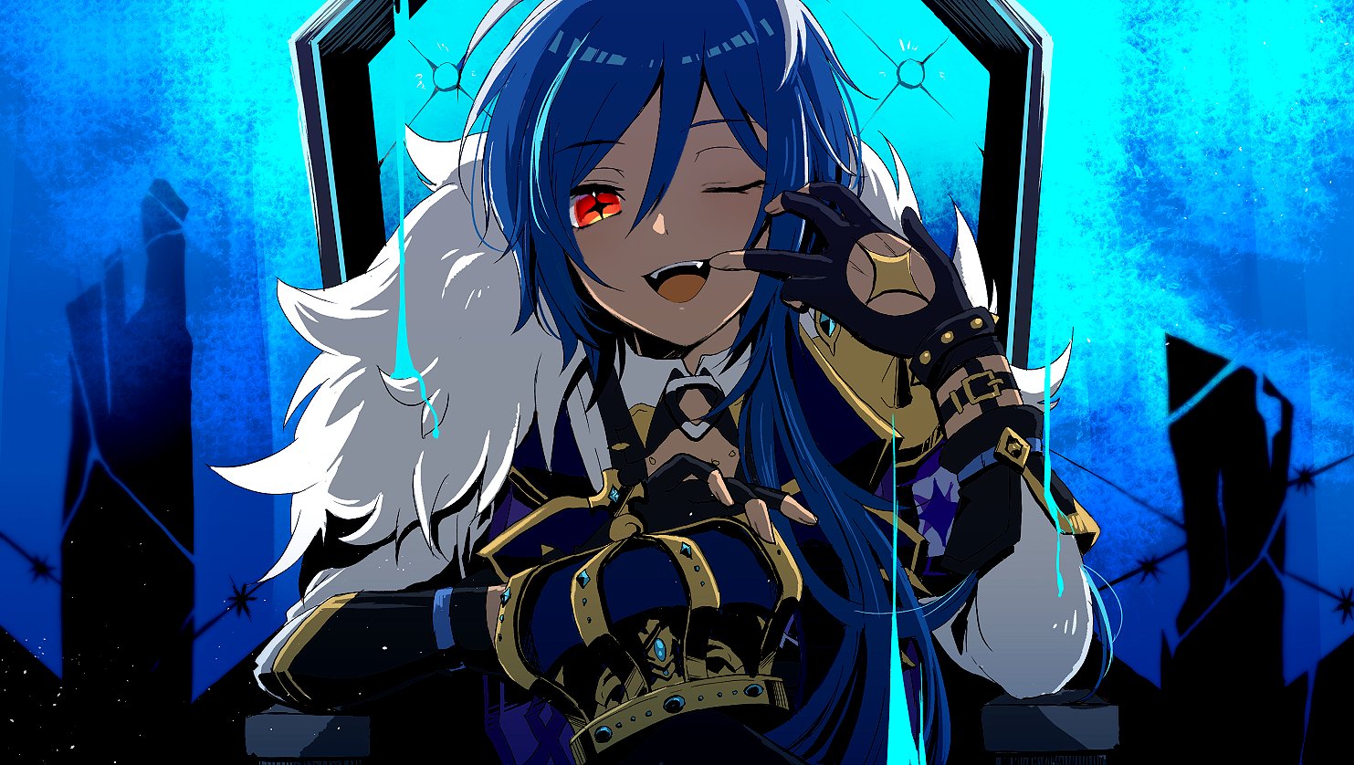 +_+ 1boy ;d abstract_background arm_up backlighting black_gloves blue_hair blue_theme cape commentary crown dark-skinned_male dark_skin derivative_work fangs fingerless_gloves formal_clothes fur-trimmed_cape fur_trim genshin_impact gloves holding holding_crown kaeya_(genshin_impact) king_(vocaloid) long_hair male_focus one_eye_closed open_mouth parody ponytail red_eyes sidelocks sitting smile solo symbol-shaped_pupils teeth thrown tongue upper_body upper_teeth_only vocaloid yuuzatta