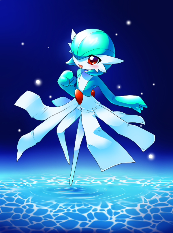 blush bob_cut clenched_hand colored_skin dress gardevoir gen_3_pokemon green_hair green_skin hair_over_one_eye looking_at_viewer multicolored_skin nintendo no_feet open_mouth pink_eyes pokemon pokemon_(creature) ripples tanpopo_hayabusa-maru two-tone_skin water white_dress white_skin