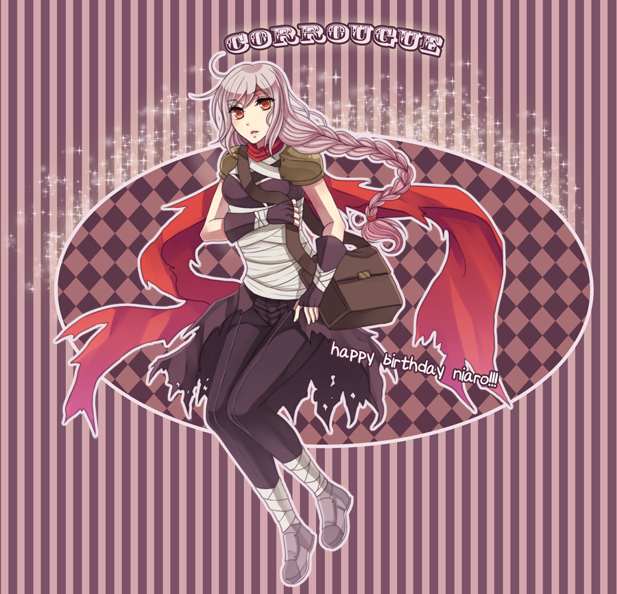 1girl armor assassin_(ragnarok_online) bandages bandages_over_clothes black_gloves black_pants black_shirt breasts brown_background checkered_background commentary english_commentary expressionless fingerless_gloves full_body gloves grey_hair long_hair looking_at_viewer medium_breasts open_mouth orange_eyes pants pauldrons ragnarok_online red_scarf rinslette scarf shirt shoulder_armor sleeveless sleeveless_shirt solo striped_background torn_clothes torn_scarf