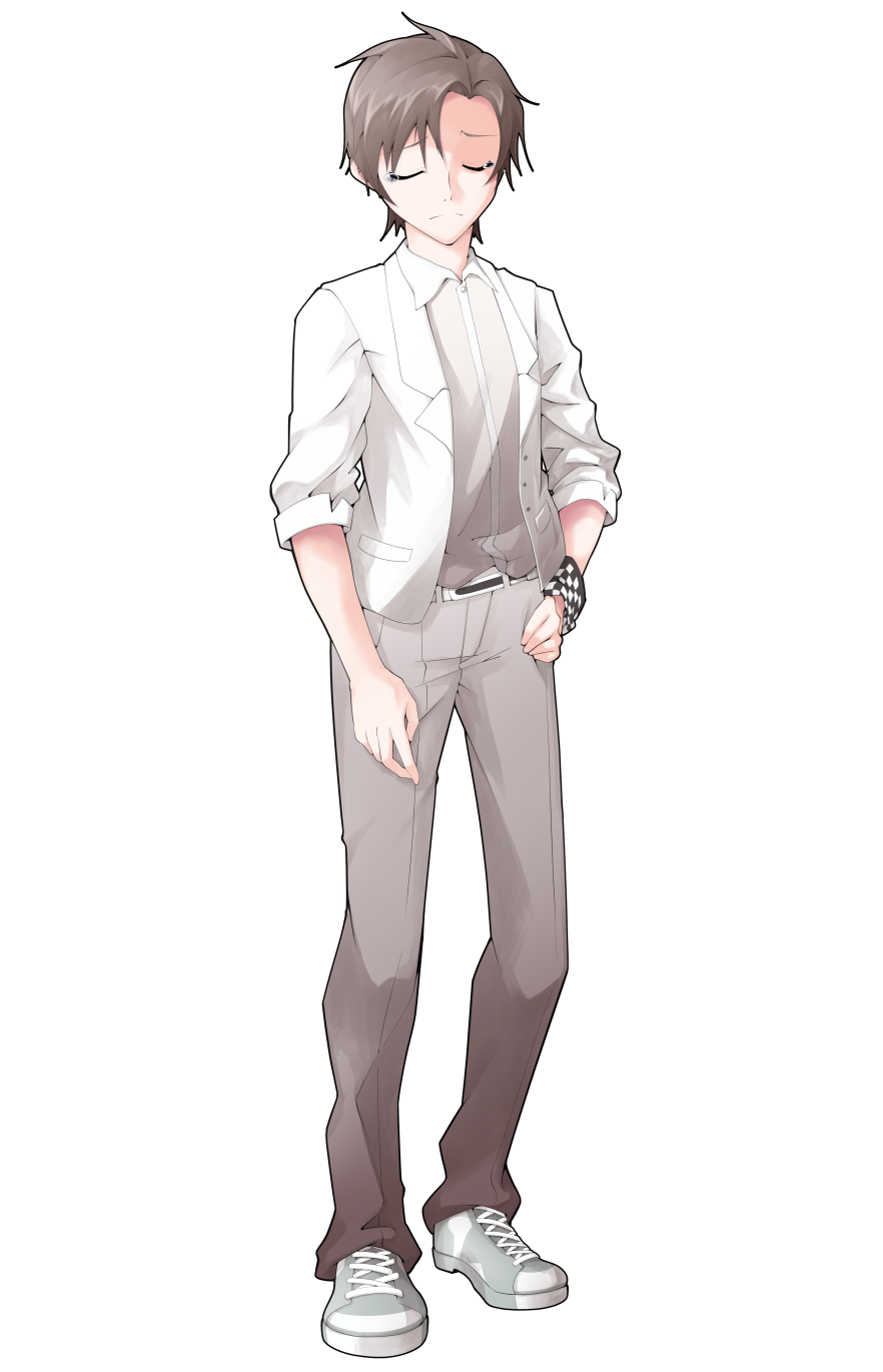 1boy arm_at_side blazer brown_hair cevio checkered_bracelet closed_eyes closed_mouth collared_shirt commentary_request converse dairi facing_viewer full_body grey_pants grey_shoes hand_on_own_hip highres jacket large_variant_set male_focus pants shirt shoes short_hair sleeves_rolled_up sneakers solo standing tachi-e takahashi_amato transparent_background variant_set white_jacket white_shirt wing_collar