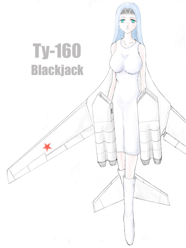 1girl aircraft airplane aqua_eyes bare_shoulders bomber boots breasts character_name dress female_focus hairband heavy_bomber jet large_breasts long_hair mecha_musume military military_vehicle original penetrator_(aircraft) personification simple_background solo strategic_bomber tu-160 vvs_hostler white_background white_boots white_dress