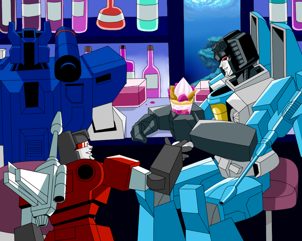 1980s_(style) 3boys arm_cannon artist_request bar_(place) bar_stool bartender bottle cannon decepticon energon frenzy_(transformers) full_body holding indoors machine machinery male_focus mecha multiple_boys no_humans oldschool open_mouth personification red_eyes retro_artstyle robot science_fiction sitting smile soundwave_(transformers) standing stool thundercracker transformers underwater weapon