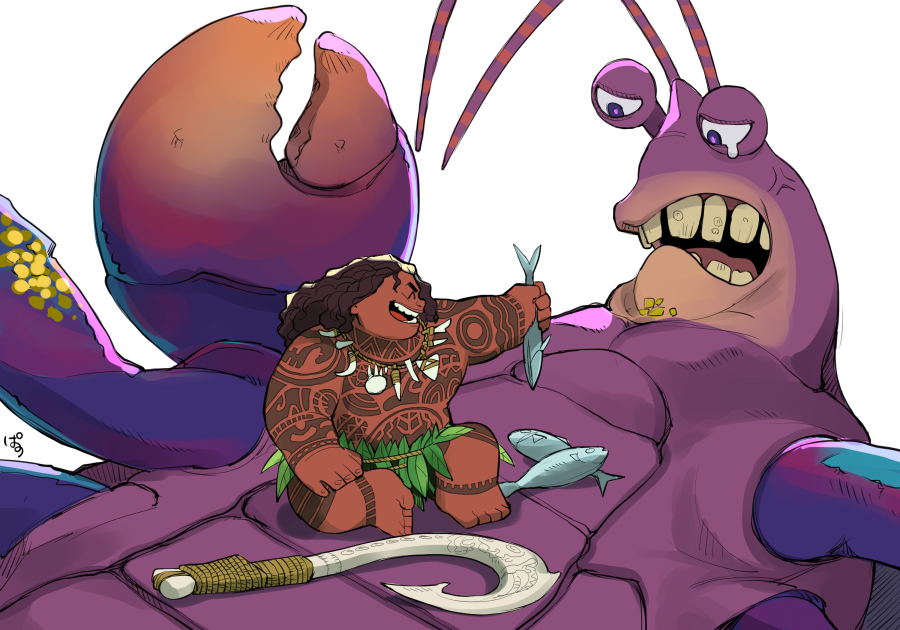 2boys animal arm_tattoo brown_hair chest_tattoo crab dark-skinned_male dark_skin fish holding holding_animal holding_fish jewelry leaf_skirt long_hair looking_at_another maui_(moana) moana_(movie) multiple_boys necklace pano_(mohayayamai) simple_background sitting tamatoa tattoo tattoo_sleeve teeth white_background