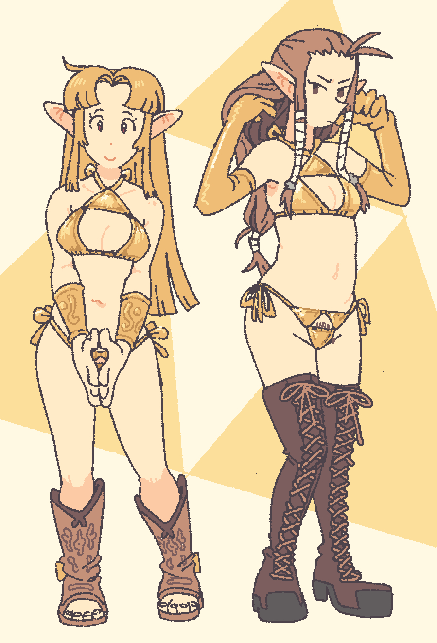 2girls bikini blonde_hair boots bracer breasts brown_hair cleavage dual_persona elbow_gloves farfinfarfin female_pubic_hair gloves gold_bikini gold_bracer gold_gloves highres in-franchise_crossover knee_boots lace-up_boots looking_at_viewer multiple_girls nintendo open-toe_boots pointy_ears princess_zelda pubic_hair pubic_hair_peek smile standing swimsuit the_legend_of_zelda the_legend_of_zelda:_a_link_between_worlds the_legend_of_zelda:_twilight_princess triforce