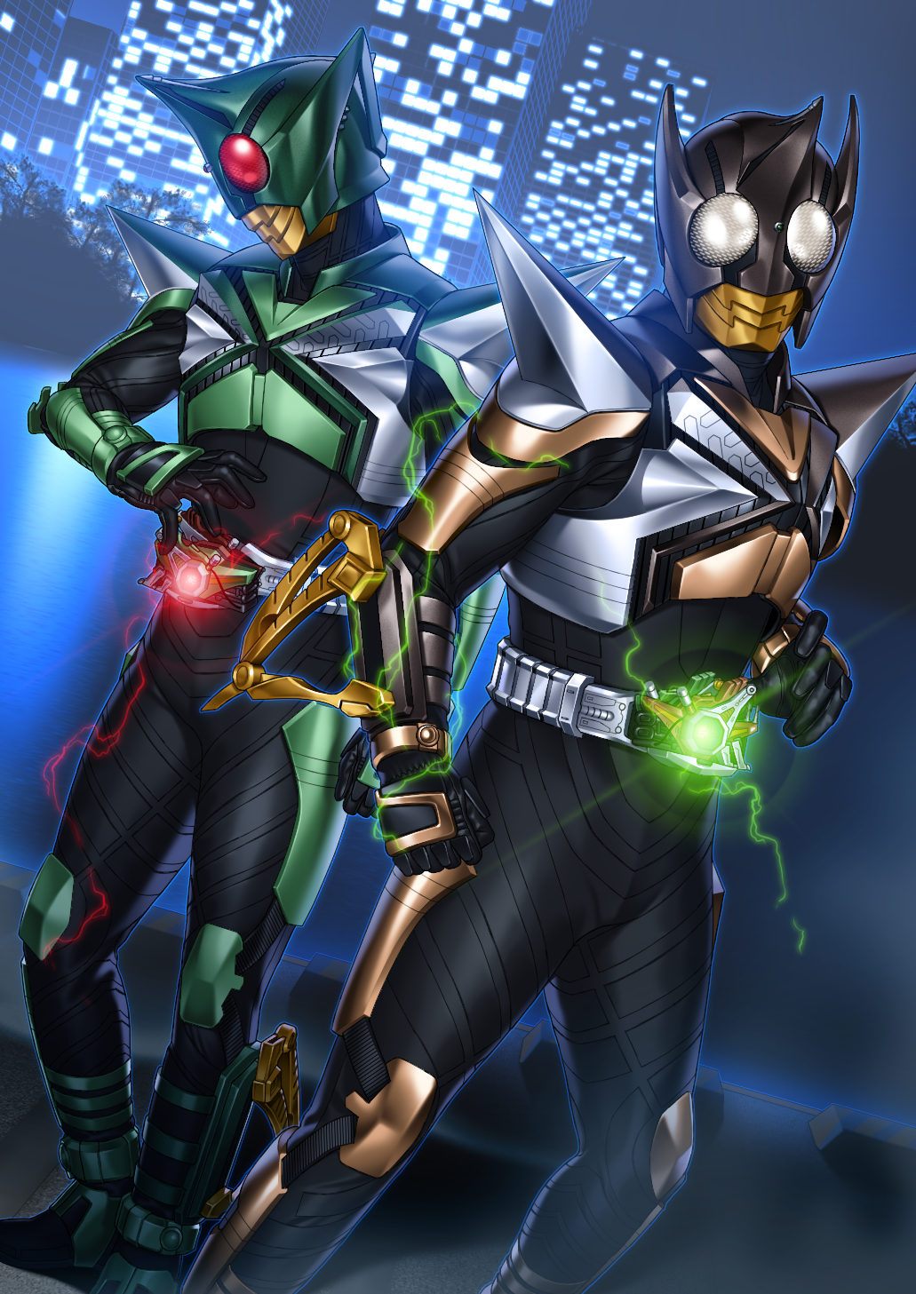 2boys belt cityscape gloves glowing highres kamen_rider kamen_rider_kabuto_(series) kamen_rider_kick_hopper kamen_rider_punch_hopper mask multiple_boys night night_sky sky suzume_inui