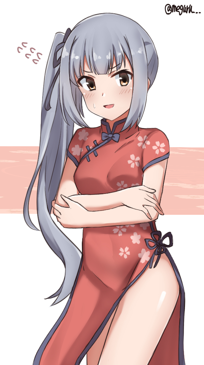 1girl alternate_costume bad_id bad_twitter_id brown_eyes china_dress chinese_clothes commentary_request cowboy_shot crossed_arms dress female_focus flying_sweatdrops grey_hair kantai_collection kasumi_(kancolle) long_hair looking_at_viewer meguru_(megurunn) red_dress side_ponytail solo standing twitter_username white_background