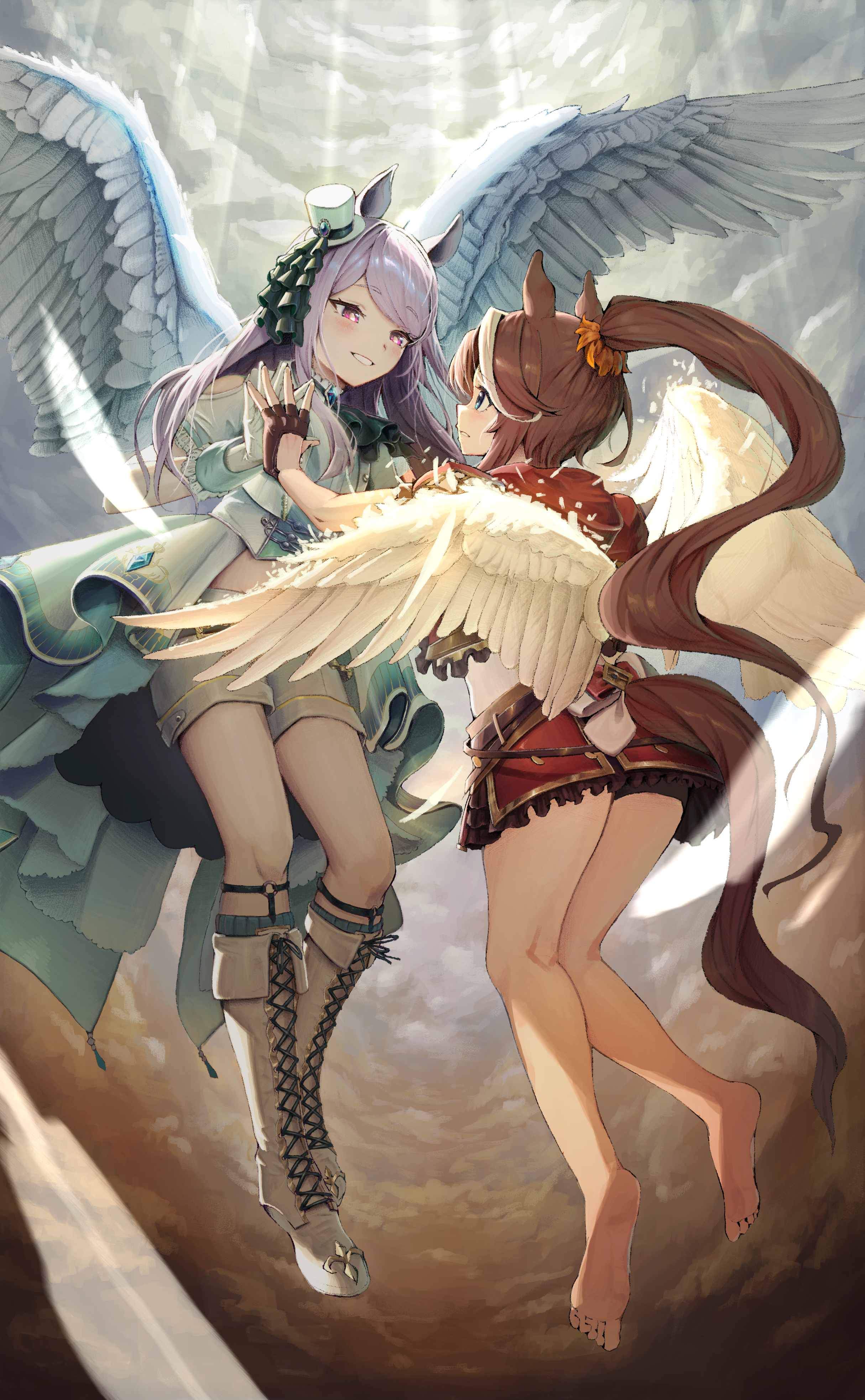 2girls absurdres animal_ears barefoot blue_eyes boots breasts brown_hair commentary_request fingerless_gloves full_body gloves grin hair_between_eyes hair_ornament highres horse_ears horse_girl knee_boots looking_at_viewer mejiro_mcqueen_(end_of_sky)_(umamusume) mejiro_mcqueen_(umamusume) midair midriff multiple_girls navel official_alternate_costume official_alternate_hairstyle open_mouth purple_eyes purple_hair shorts small_breasts smile tokai_teio_(beyond_the_horizon)_(umamusume) tokai_teio_(umamusume) tsujiya_okuyasu umamusume white_footwear wings