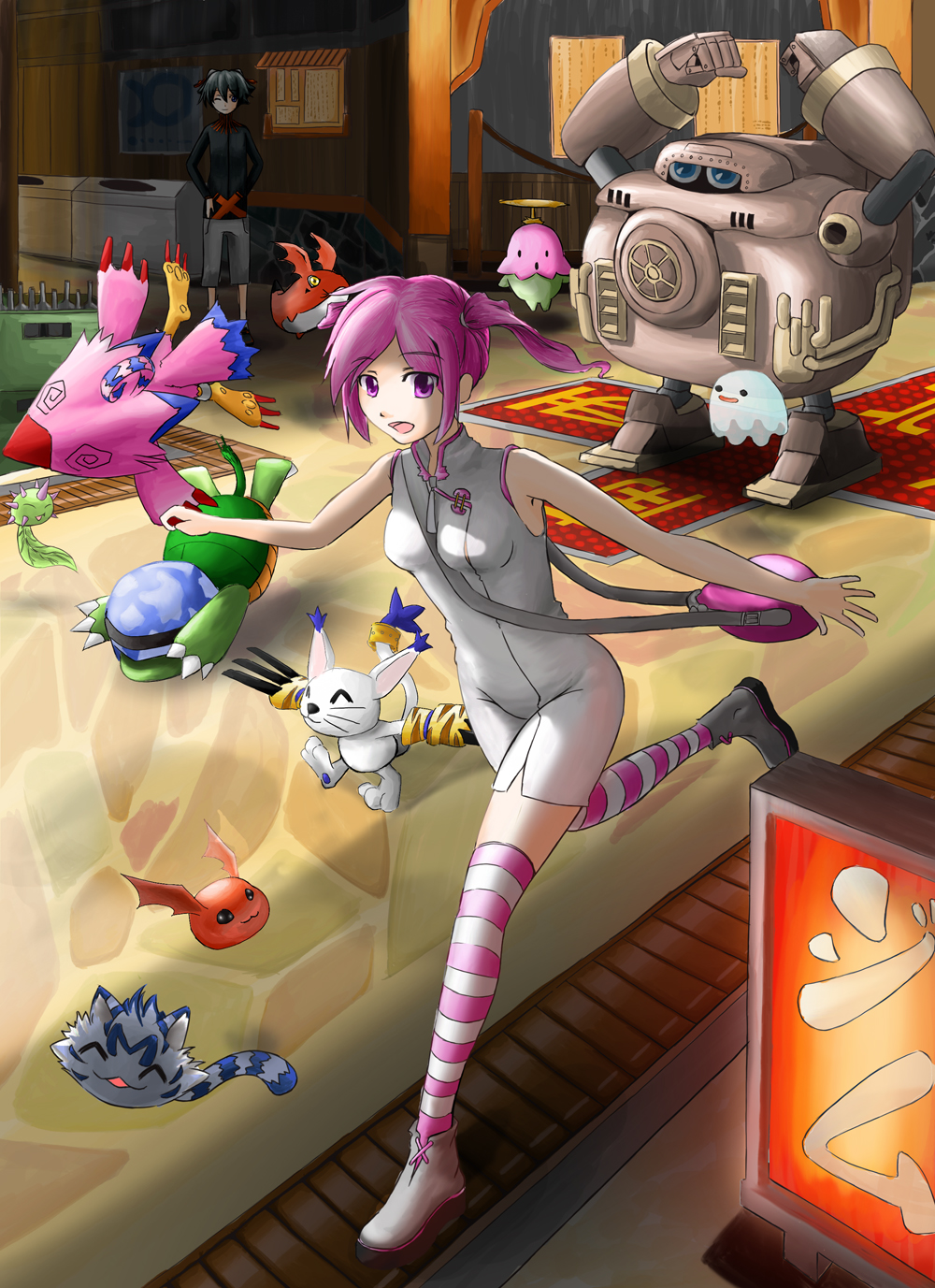 budmon digimon gigimon gloves guardromon hair_ornament hairpin highres jyarimon kamemon lalamon pink_eyes pink_hair piyomon poyomon rindou_akiho short_hair taiga_(digimon) tailmon twintails wanyamon