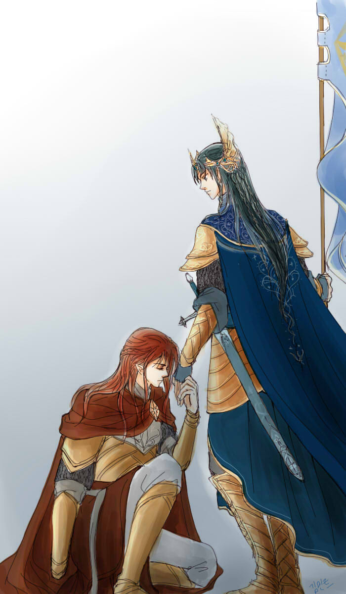 2boys amputee armor banner black_hair blue_cape braid cape cousins elf fingon flag gold_armor hair_ornament highres holding holding_banner holding_hands king kneeling long_hair looking_at_another looking_down maedhros male_focus mintkim multiple_boys nostrils pointy_ears prince profile red_cape red_hair simple_background standing sword the_silmarillion tolkien&#039;s_legendarium warrior weapon