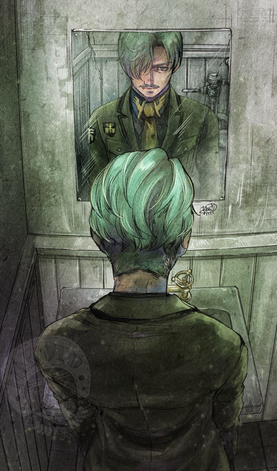 1boy back bathroom bohe challia_bull collared_shirt facial_hair from_behind green_eyes green_hair gundam gundam_gquuuuuux highres indoors jacket long_sleeves looking_at_mirror looking_at_reflection male_focus military_uniform mirror mustache necktie reflection shirt short_hair solo