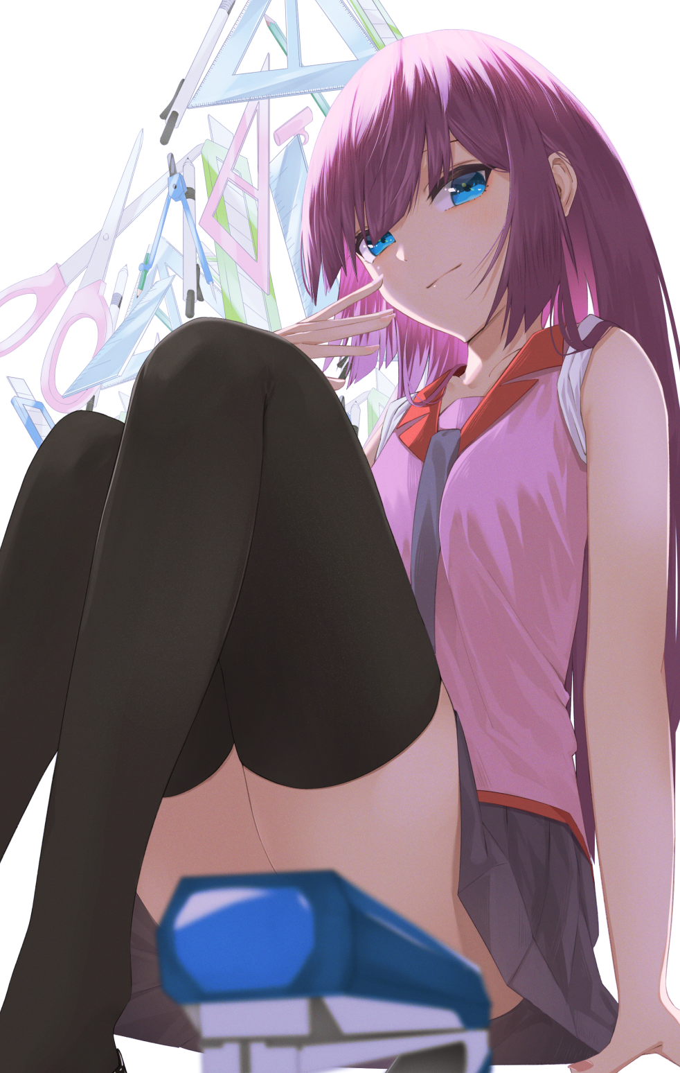 1girl bakemonogatari black_thighhighs blue_eyes blue_necktie blue_skirt blurry blurry_foreground boxcutter breasts closed_mouth collar collarbone collared_shirt commentary_request convenient_censoring depth_of_field eyelashes feet_out_of_frame finger_to_cheek hand_up highres legs long_hair looking_at_viewer mechanical_pencil medium_breasts monogatari_(series) naoetsu_high_school_uniform necktie partial_commentary pen pencil pink_shirt pleated_skirt purple_hair red_collar ruler school_uniform scissors senjougahara_hitagi set_square shirt sidelocks simple_background sitting skirt sleeves_rolled_up solo stapler stationery thighhighs white_background yamada_maya_(yamdmay)