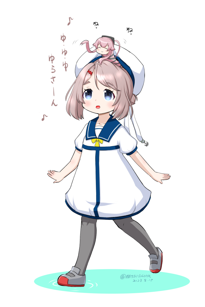 1girl black_pantyhose blue_sailor_collar bow creature_on_head dress grey_eyes grey_hair hat kaiboukan_no._30_(kancolle) kantai_collection masara_(chuujou) one-hour_drawing_challenge pantyhose sailor_collar sailor_dress sailor_hat shoes short_hair solo uwabaki walking white_dress white_hat yellow_bow yura_(kancolle) yura_(snake)