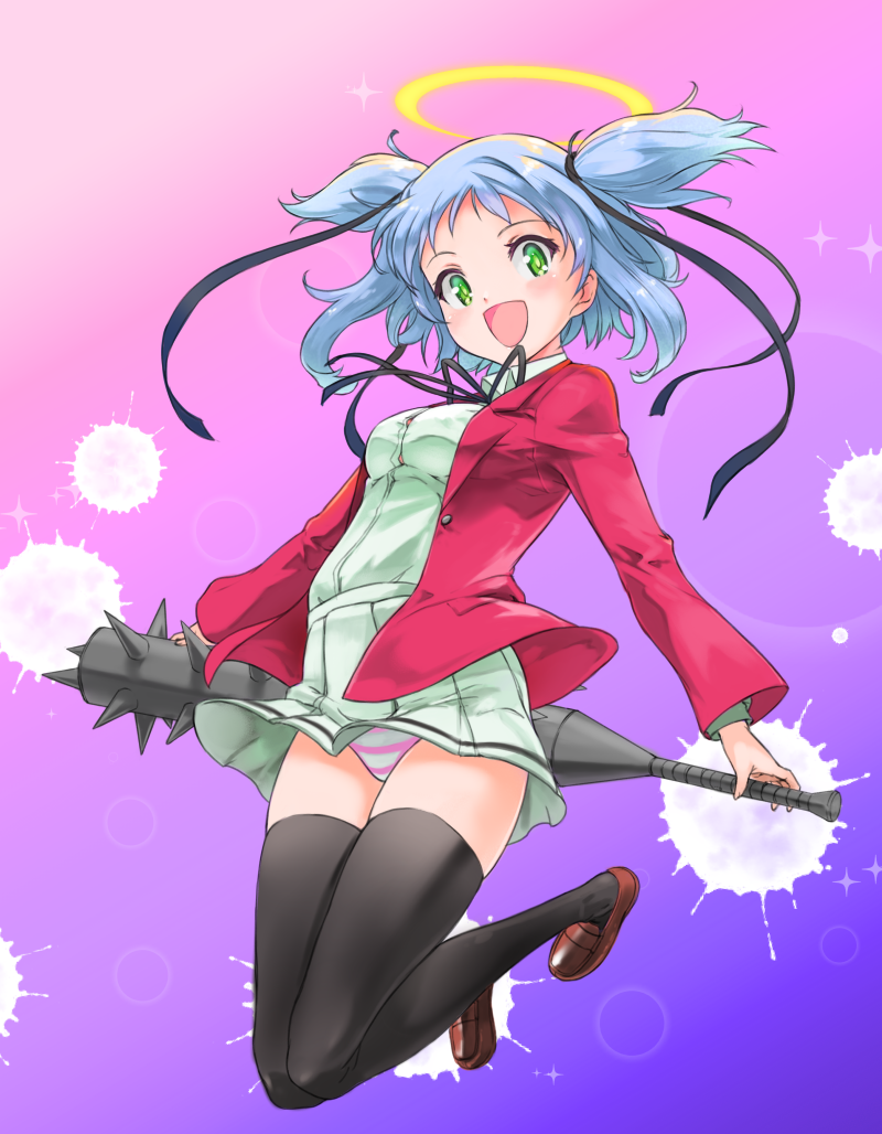 1girl black_ribbon black_thighhighs bokusatsu_tenshi_dokuro-chan chikuwa_(tks) club_(weapon) full_body green_eyes hair_ribbon halo jacket miniskirt mitsukai_dokuro neck_ribbon open_mouth panties pantyshot pink_stripes pleated_skirt purple_hair red_jacket ribbon school_uniform shirt skirt smile solo striped_clothes striped_panties thighhighs two_side_up underwear weapon white_shirt white_skirt