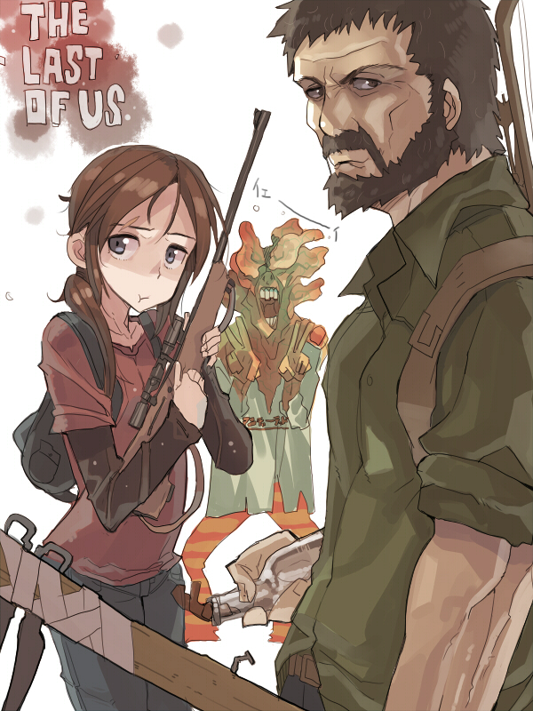 1boy 1girl :t animification bad_id bad_pixiv_id beard brown_hair clicker_(the_last_of_us) copyright_name double_v ellie_(the_last_of_us) facial_hair gun joel_(the_last_of_us) layered_sleeves long_sleeves manly mustache open_mouth osuman_toruko rifle shirt short_over_long_sleeves short_sleeves t-shirt the_last_of_us the_last_of_us_(series) v weapon
