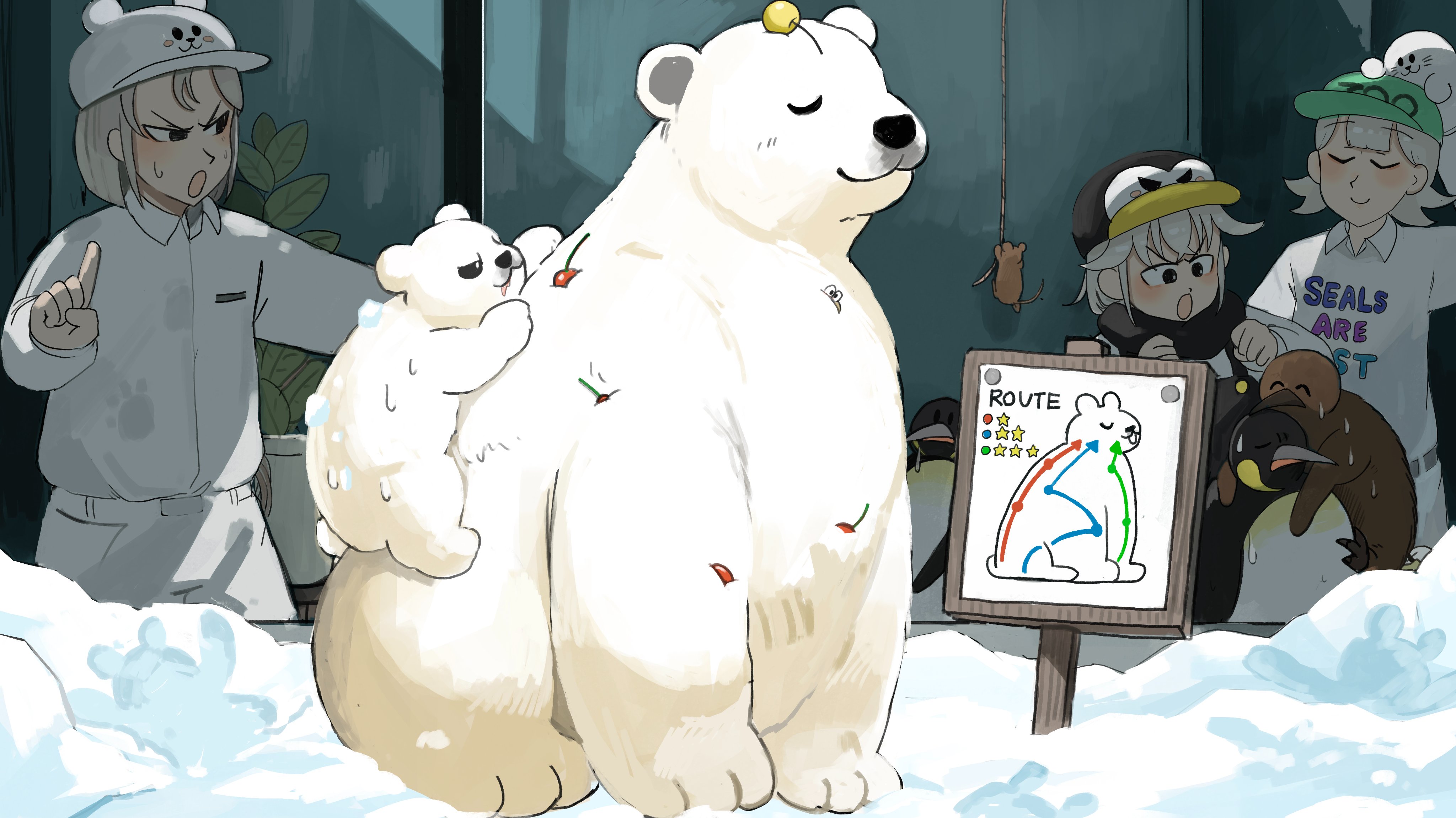3girls absurdres bear bear_hat bird black_overalls black_scarf climbing clothes_writing commentary diva_(hyxpk) donut_stamp duck english_commentary green_hat grey_hair hat highres king_penguin mouse_(animal) multiple_girls overalls pants penguin penguin_hat penguin_keeper_(diva) plant polar_bear polar_bear_keeper_(diva) scarf seal_keeper_(diva) shirt short_hair slice_of_life snow sweat white_headwear white_pants white_shirt zoo zookeeper zookeepers_(diva)
