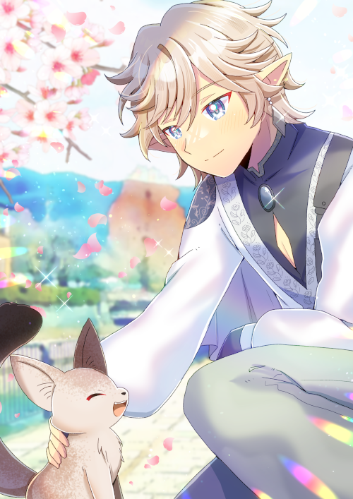 1boy animal animal_ear_fluff black_shirt blue_eyes blush branch brown_hair cleavage_cutout closed_mouth clothing_cutout commentary_request commission flower fox grey_pants hair_between_eyes jacket kou_hiyoyo light_smile long_sleeves male_focus original pants petals pink_flower pointy_ears puffy_long_sleeves puffy_sleeves shirt skeb_commission solo squatting white_jacket