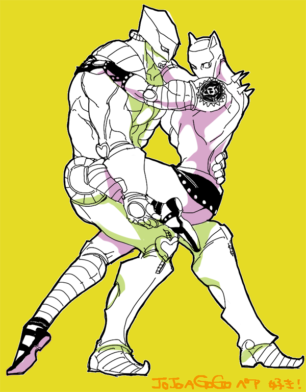 2boys animal_ears cat_ears dancing diamond_wa_kudakenai jojo_no_kimyou_na_bouken killer_queen leg_up male_focus merumeru626 miniskirt multiple_boys no_humans pointy_ears skirt slit_pupils stand_(jojo) stardust_crusaders the_world