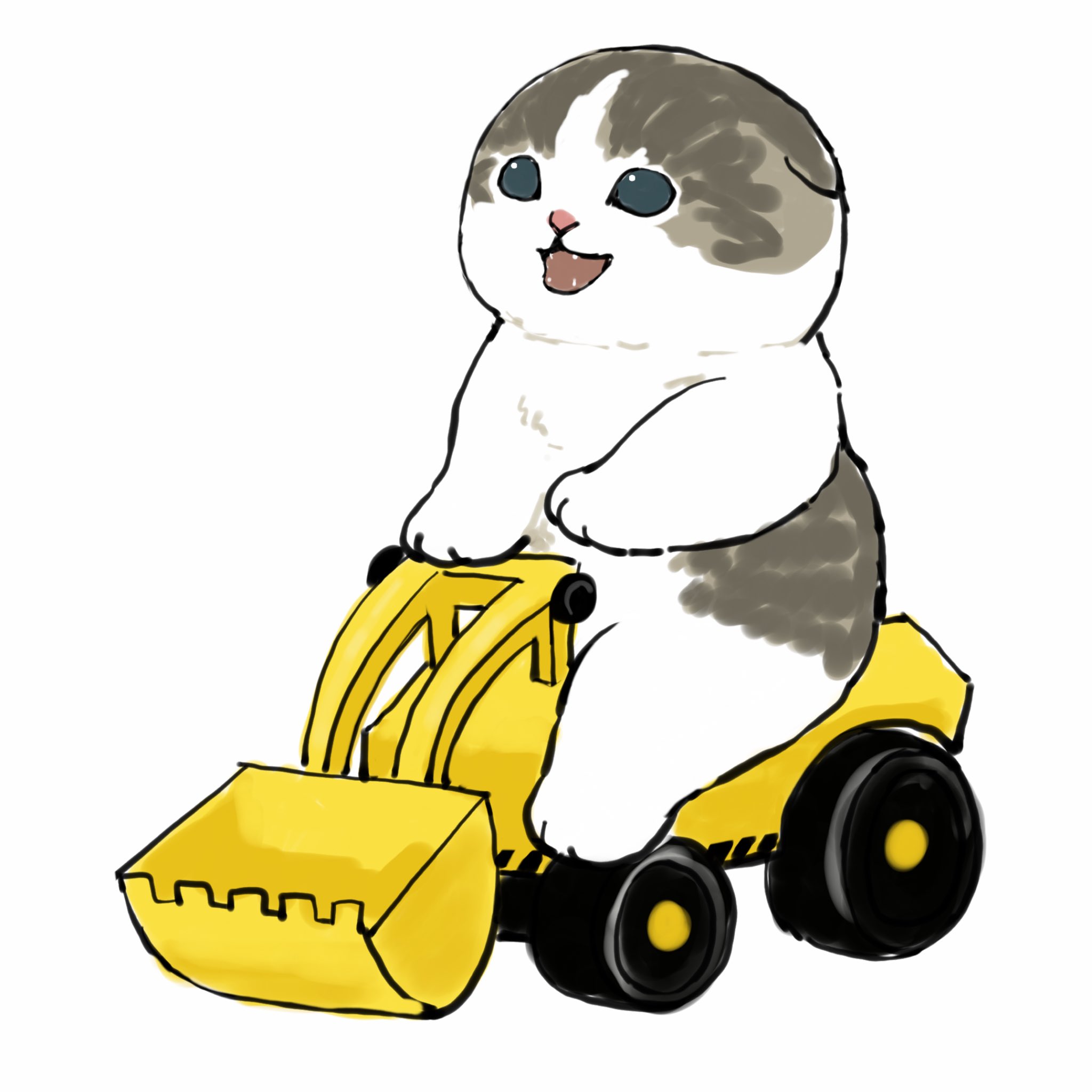 animal_hands baby_animal bulldozer cat construction driving fangs happy highres kitten mofu_sand original riding smile wheel white_background