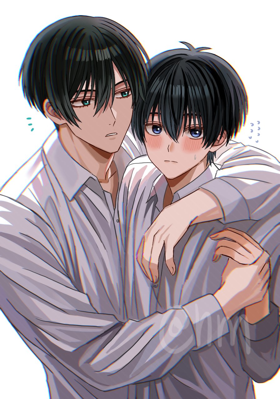 2boys aqua_eyes black_hair blue_eyes blue_lock blush hair_between_eyes highres hyohls2_(hamao3o) isagi_yoichi itoshi_rin long_sleeves looking_at_viewer male_focus multiple_boys shirt short_hair white_background white_shirt yaoi