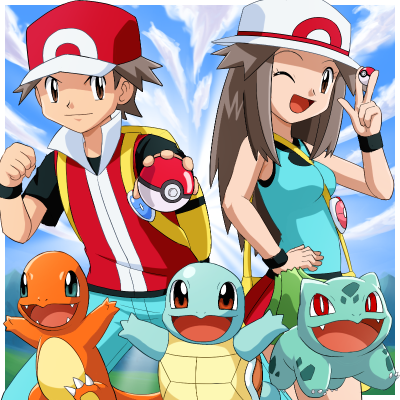 1boy 1girl backpack bag baseball_cap bulbasaur charmander couple gen_1_pokemon green_(pokemon) hat lowres masaro_town nintendo poke_ball pokemoa pokemon pokemon_(creature) pokemon_trainers porkpie_hat red_(pokemon) red_(pokemon_frlg) source_request squirtle wristband