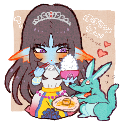 1girl 1other ? black_hair blue_skin blunt_bangs border bowl brown_background chibi chopsticks colored_skin commentary_request creature_request dragon_quest dragon_quest_x dress fins fish_girl flying_sweatdrops gradient_clothes gradient_dress head_fins heart heart-shaped_pupils holding holding_bowl holding_chopsticks iyakika jewelry long_hair looking_at_another lowres necklace parted_bangs pink_dress purple_eyes rice rice_bowl sash seiza seria_(dq10) sitting symbol-shaped_pupils tiara tongue tongue_out translation_request white_border white_dress yellow_sash