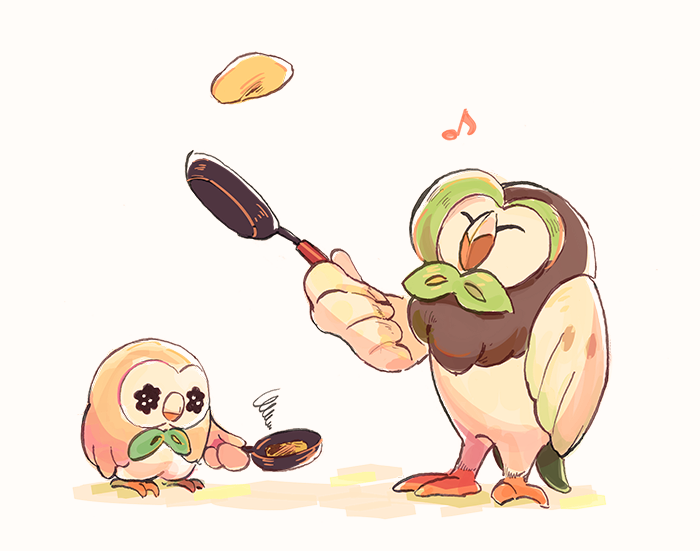 beak black_eyes closed_eyes closed_mouth commentary_request dartrix disappointed food frying_pan gen_7_pokemon holding holding_frying_pan itome_(funori1) musical_note nintendo no_humans pancake pokemon pokemon_(creature) rowlet squiggle standing talons