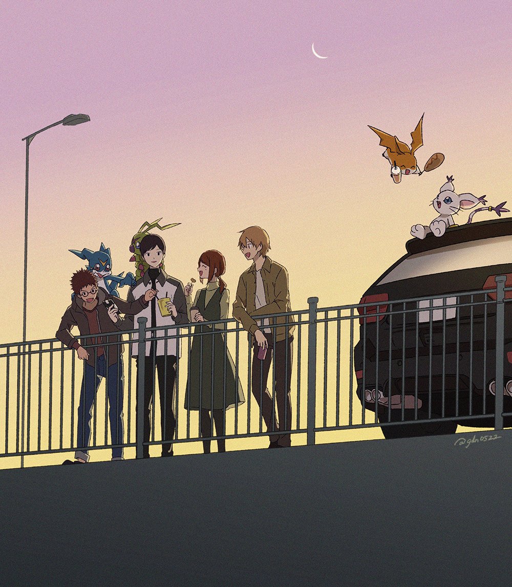 1girl 3boys digimon digimon_(creature) digimon_adventure_02 digimon_adventure_02:_the_beginning glasses looking_at_another multiple_boys patamon short_hair smile tailmon v-mon wormmon