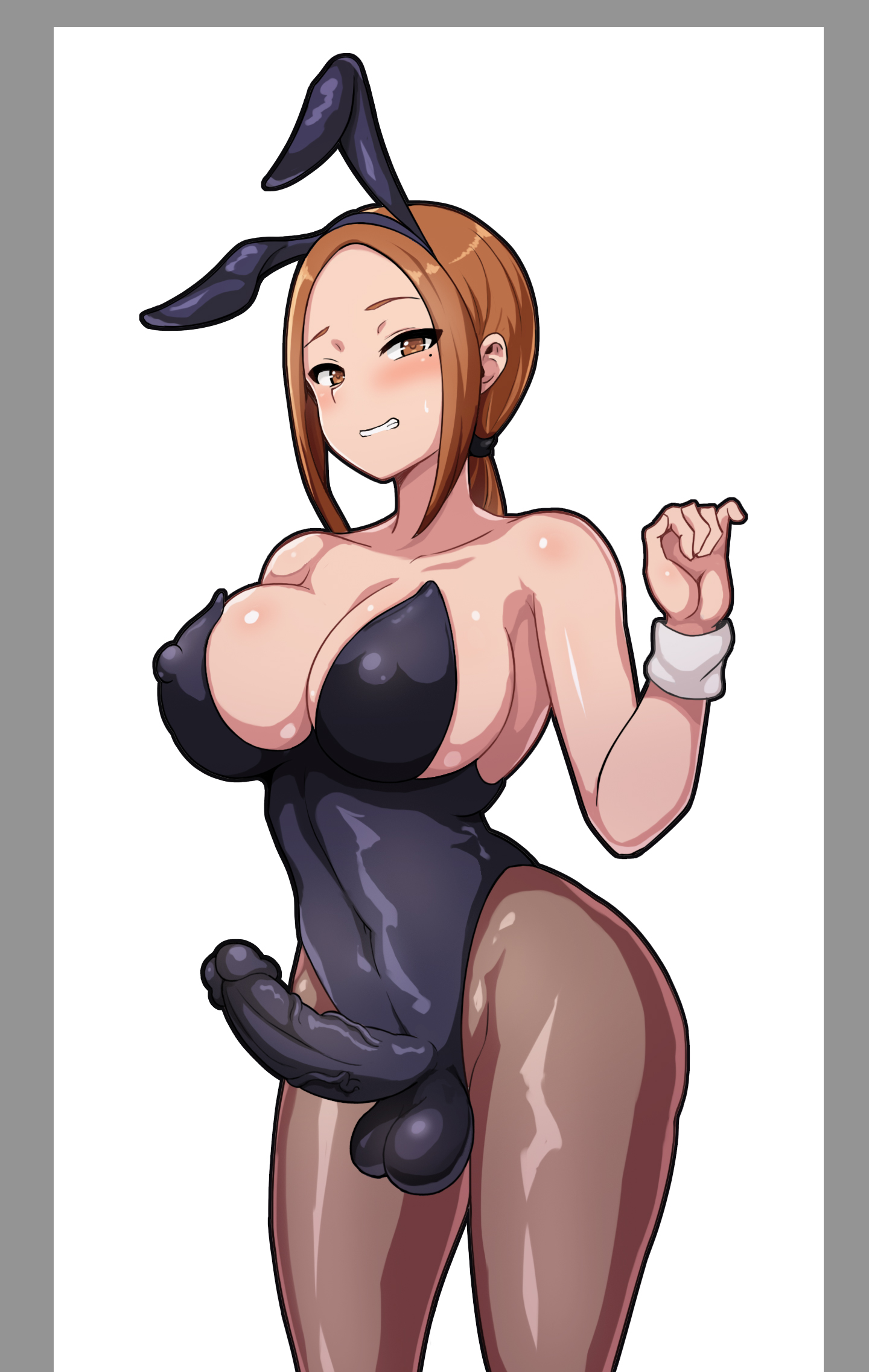 karakai jouzu no takagi san hentai pm star, takagi-san, karakai jouzu no takagi-san, artist request, highres,  1futa, animal ears, blush, breasts, brown eyes, brown hair, bulge,  cleavage, erection, fake animal ears, full-package futanari, futanari,  grin, leotard, long hair,
