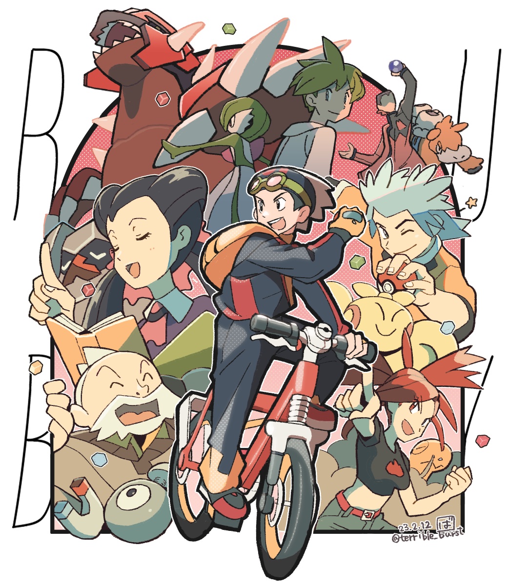 2girls 5boys :d ^_^ arm_up backpack bag beanie beard bicycle book border brendan_(pokemon) camerupt closed_eyes commentary_request dated eyelashes facial_hair flannery_(pokemon) gardevoir gen_1_pokemon gen_3_pokemon gloves green_hair groudon hand_up hat highres holding holding_poke_ball index_finger_raised jacket legendary_pokemon logo long_sleeves magnemite makuhita maxie_(pokemon) multiple_boys multiple_girls nintendo nosepass open_mouth pants pointing poke_ball poke_ball_(basic) pokemon pokemon_rse red_hair riding riding_bicycle roxanne_(pokemon) shirt short_hair short_sleeves smile smoke star_(symbol) team_magma terrible_burst torkoal twintails wally_(pokemon) wattson_(apex_legends) white_border