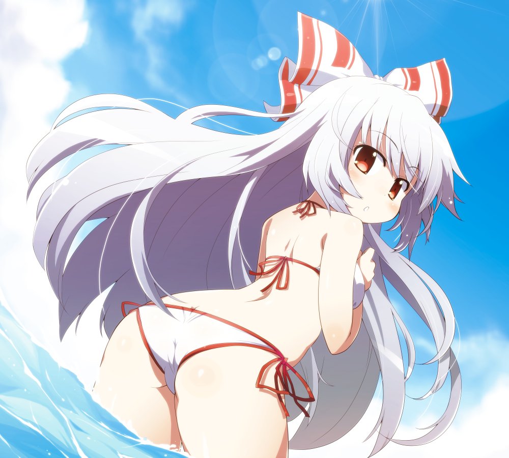 1girl akaneya ass bikini blue_sky bow butt_crack cloud from_behind fujiwara_no_mokou grey_hair hair_bow light_particles long_hair looking_at_viewer looking_back open_mouth outdoors partially_submerged red_eyes sky solo swimsuit touhou white_bikini white_bow
