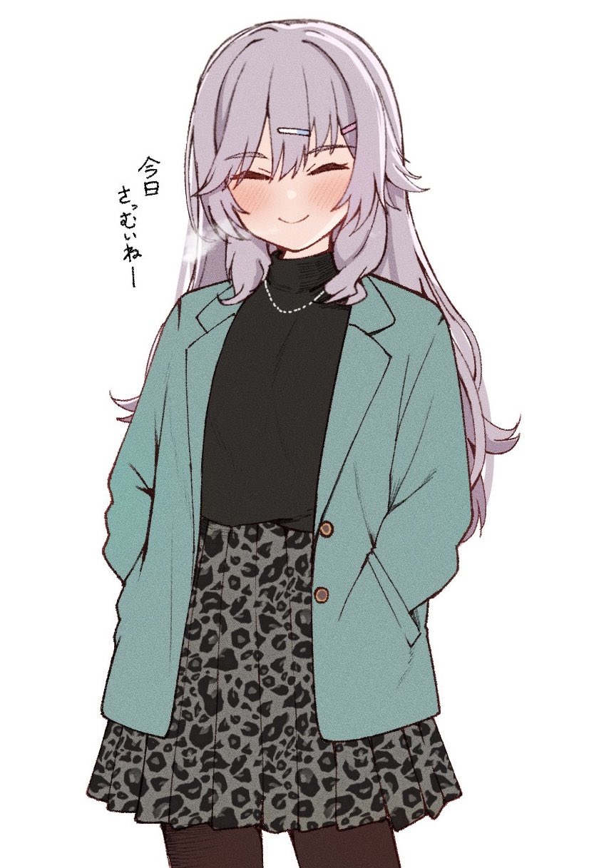 1girl ^_^ alternate_costume aqua_jacket black_shirt blush breath buttons closed_eyes closed_mouth commentary cowboy_shot facing_viewer grey_hair hair_between_eyes hair_ornament hairclip hands_in_pockets high-waist_skirt highres jacket jewelry kinoshita_kaede long_hair necklace open_clothes open_jacket pleated_skirt shirt sidelocks simple_background skirt smile solo tenshi_souzou_re-boot! tft_(tft7822) thick_eyebrows translated turtleneck white_background winter_clothes
