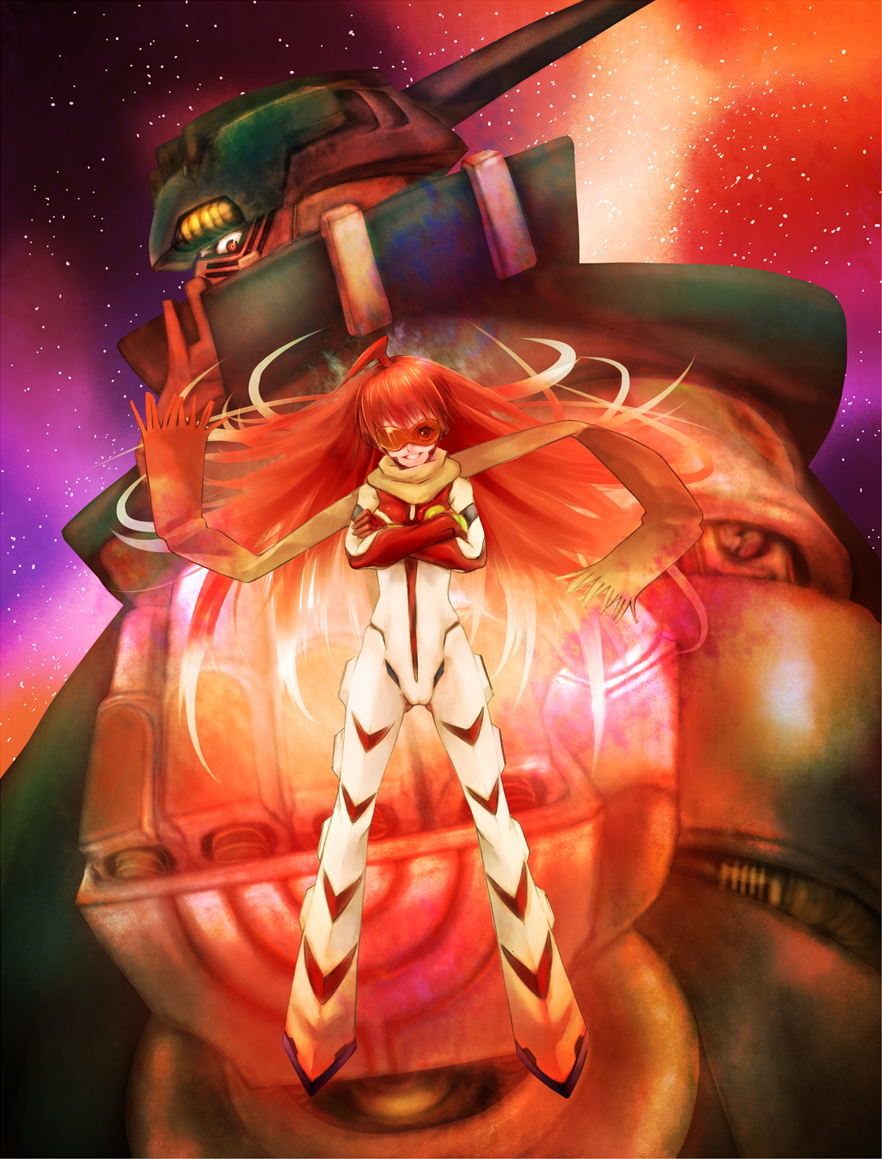 00s bad_id bad_pixiv_id buster_machine_7 crossed_arms dix-neuf highres jojotaro jojotaro_(pixiv) mecha nono_(top_wo_nerae_2!) robot scarf top_wo_nerae!_(series) top_wo_nerae_2!
