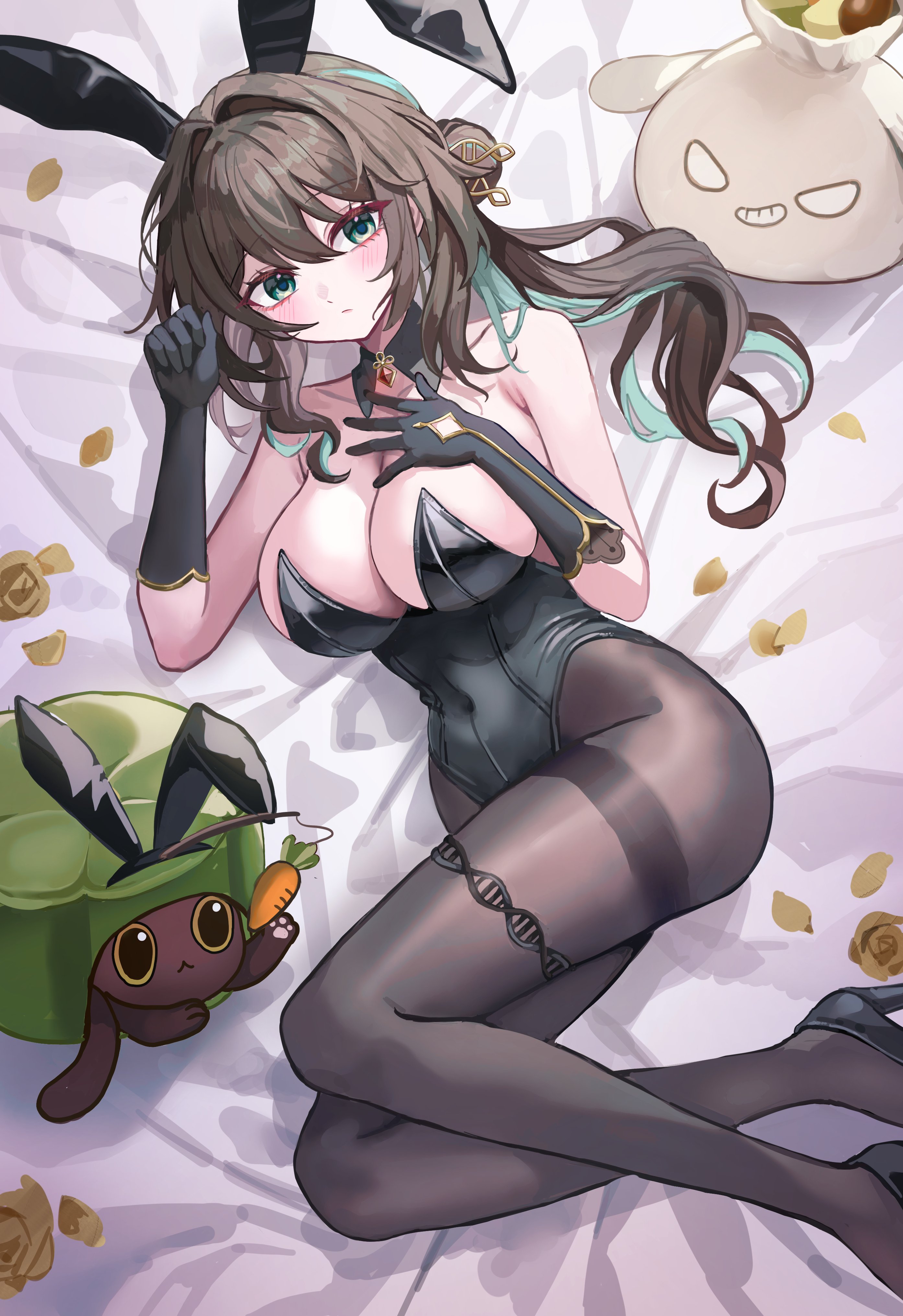 :/ absurdres alternate_costume animal_ears aqua_hair bare_shoulders bed_sheet black_collar black_footwear black_gloves black_leotard black_pantyhose blush breasts brown_hair cleavage closed_mouth collar collarbone commentary_request covered_navel critter_pick_(honkai:_star_rail) detached_collar double_helix fake_animal_ears flower gloves gray_bean_paste_(honkai:_star_rail) green_eyes hair_between_eyes hand_on_own_chest hanye_pch high_heels highleg highleg_leotard highres honkai:_star_rail honkai_(series) large_breasts leotard looking_at_viewer lying molten_cheese_tart_(honkai:_star_rail) multicolored_hair on_side pantyhose playboy_bunny rabbit_ears ruan_mei_(honkai:_star_rail) yellow_flower