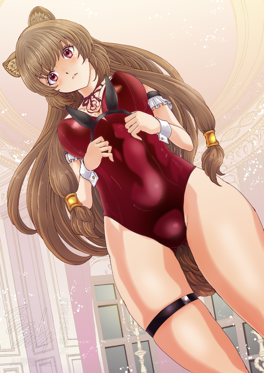 1girl animal_ear_fluff animal_ear_hairband animal_ears arm_strap black_arm_strap breasts breasts_apart brown_hair chest_tattoo commentary_request cowboy_shot dutch_angle fake_animal_ears frilled_arm_strap frown hair_tubes hairband highres holding_hairband indoors leotard long_hair looking_at_viewer metal_hair_tubes neck_ribbon raccoon_ears raccoon_girl raccoon_tail raphtalia red_eyes red_leotard red_ribbon ribbon rurukichi slave_brand solo strapless strapless_leotard tail tate_no_yuusha_no_nariagari tattoo thigh_strap thighs variant_set white_wrist_cuffs wrist_cuffs