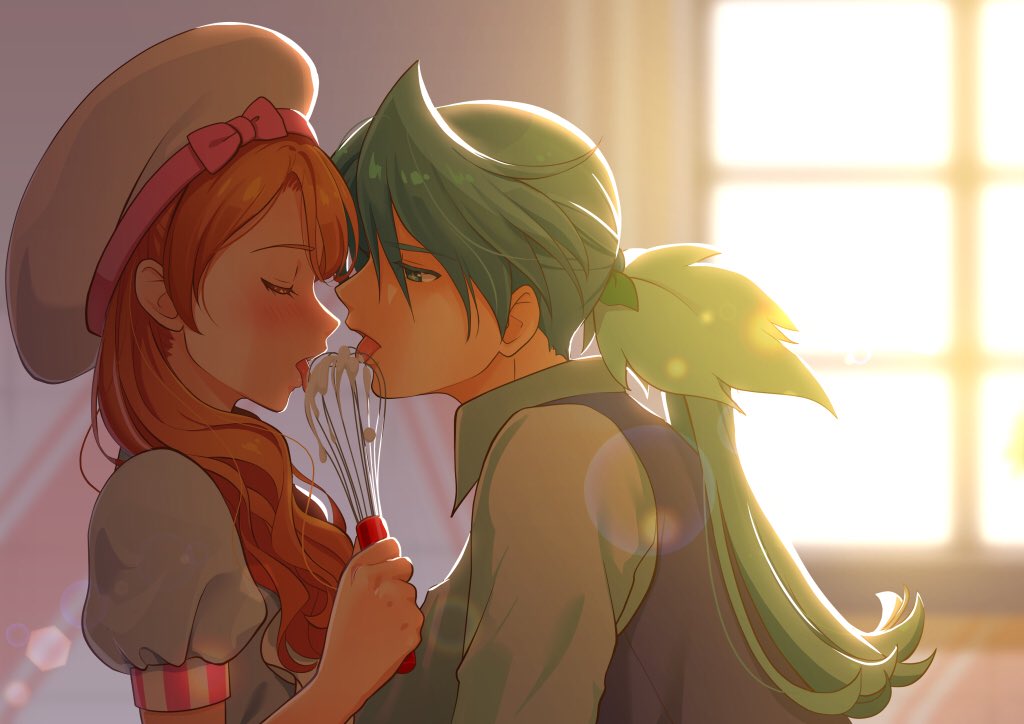 10s 1boy 1girl bow brown_hair camembert_chizuko chef_hat closed_eyes hat hetero kirakira_patisserie_uniform kirakira_precure_a_la_mode licking long_hair pikario_(precure) precure sexually_suggestive spoilers tongue tongue_out upper_body usami_ichika whisk window